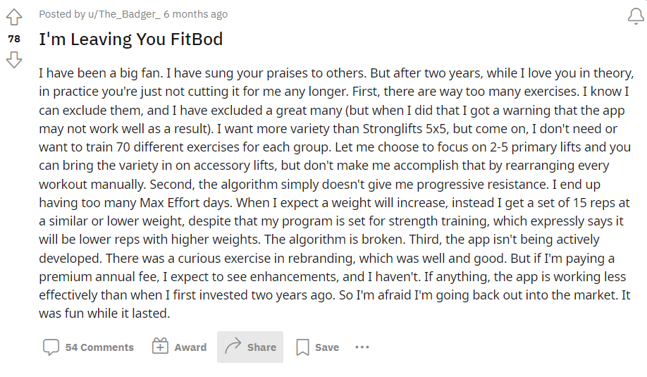Fitbod customer review after two years: "The algorithm is broken." 