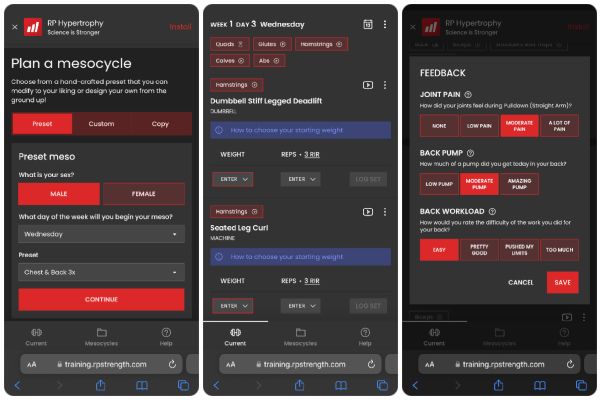 RP Hypertrophy App pages