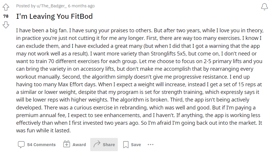 Fitbod customer review after two years: "The algorithm is broken."