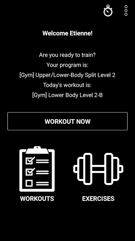 New large easy "Workout now" button on the home screen of Dr. Muscle