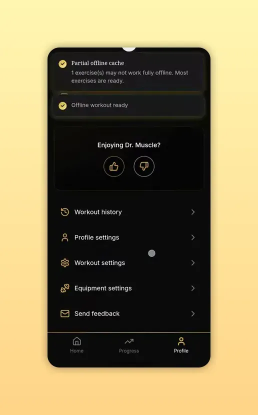 Offline status cards showing 'Partial offline cache' and 'Offline workout ready' on the profile screen