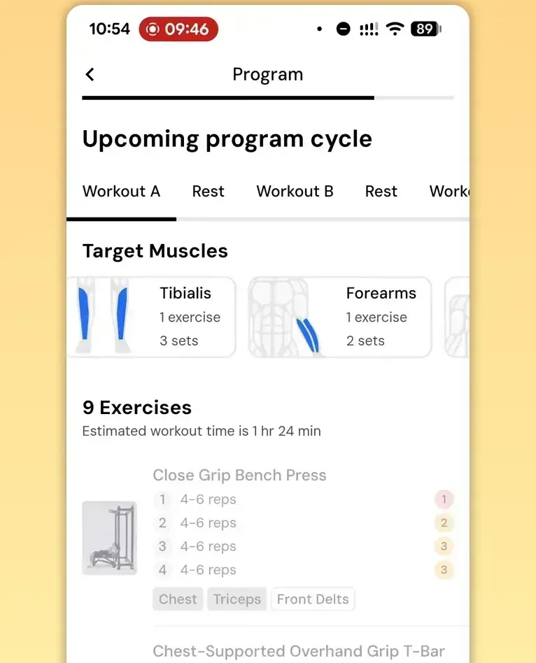 MacroFactor Workouts target muscles screen showing Tibialis and Forearms with exercise and set counts