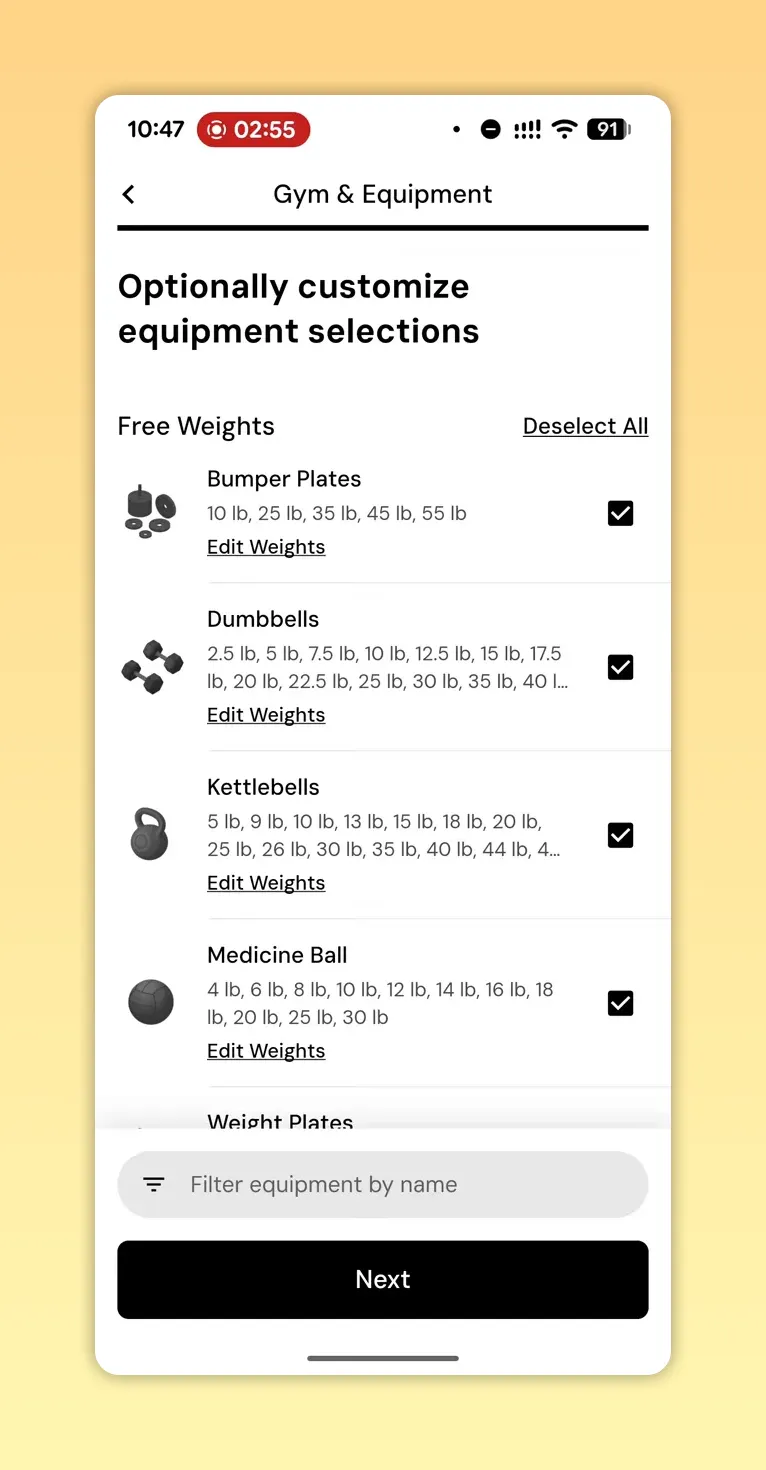 MacroFactor 'Optionally customize equipment selections' screen showing Bumper Plates, Dumbbells, Kettlebells and Medicine Ball with checkboxes