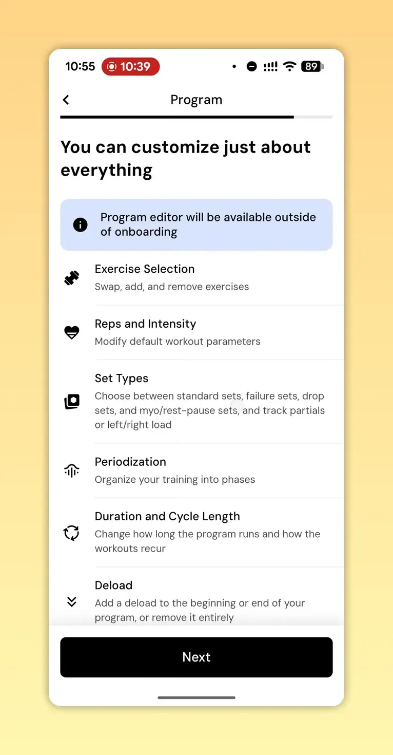 MacroFactor onboarding screen with header 'You can customize just about everything' and a list of program customization options.