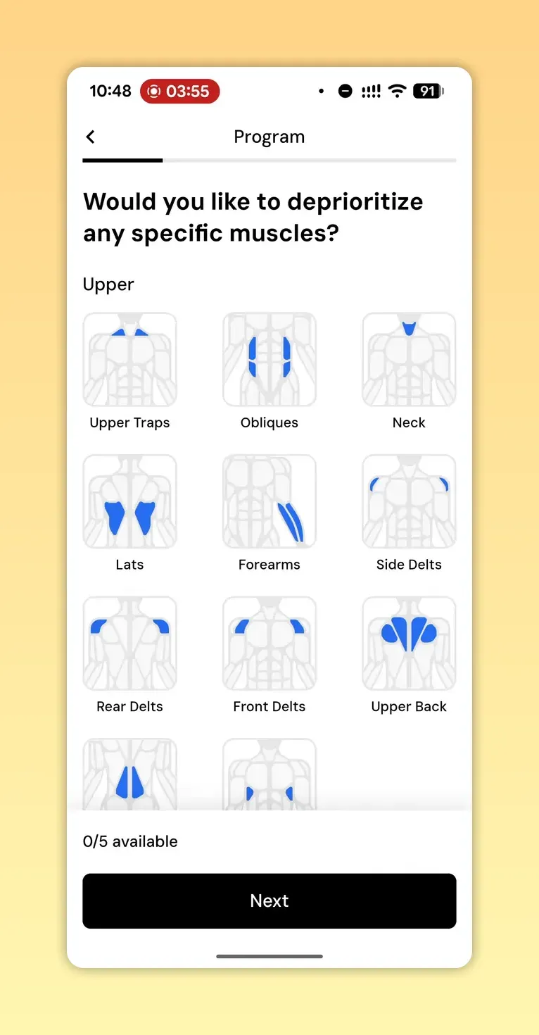 MacroFactor onboarding screen asking 'Would you like to deprioritize any specific muscles?' with grid of muscle icons (Upper Traps, Obliques, Neck, Lats, Forearms, Side Delts, Rear Delts, Front Delts, Upper Back) and 'Next' button.