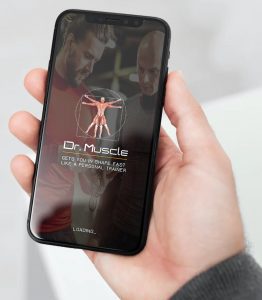 Dr. Muscle progressive overload app phone in hand