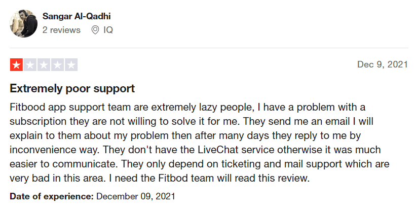 Trustpilot review extremely poor support